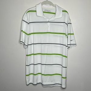Nike Golf Dri Fit White Polo with Green and Black Stripes Size Large Lightweight